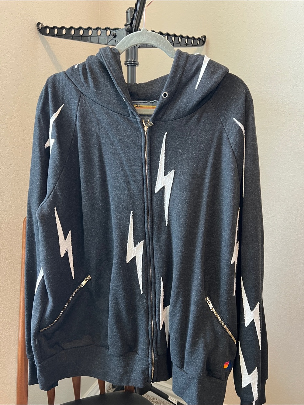Aviator Nation Black Zip Hoodie with White Lightning Bolts